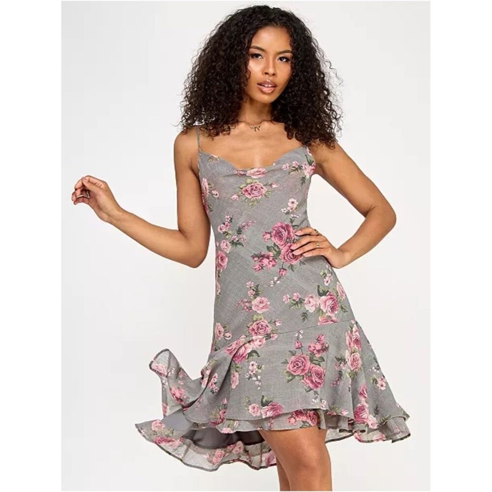 Katie Rae Grey Floral Cowl Neck Slip Dress S NWT Ruffle Hem Party Wedding Guest